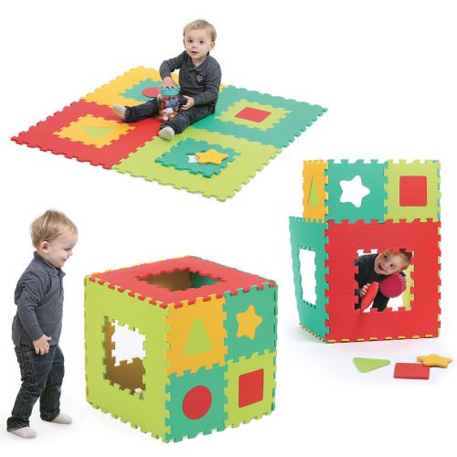 Spacious, comfortable surface for safe play (120.5 x 120.5 x 1.2 cm). This shock absorbent mat protects your child from cold floors. Play puzzle: 2D or 3D jigsaw puzzle, with smaller tiles and geometric shapes for shape-sorting fun.  Hygienic, for indoor use. For children aged 10 months and over. LUDI items number : 10010.
