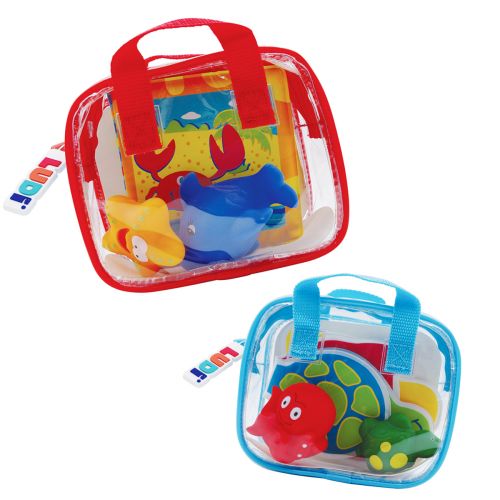 Small bag for bath time that can be taken anywhere. Contains a book for developing your baby's senses and a sprayer to keep your baby entertained in the bath. 