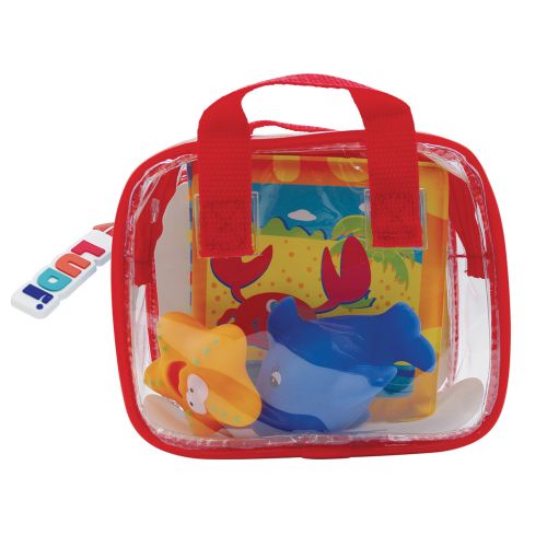 Ce petit sac de jeux pour le bain, à emporter partout, contient un livre pour développer les sens de Bébé et deux aspergeurs pour s'amuser à s’arroser. Il est décliné en 2 coloris : rouge et bleu. Pour les enfants de plus d 10 mois. Référence produit 2150.