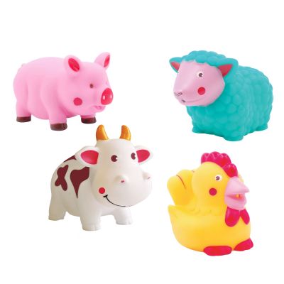 Aspergeurs de bain « Ferme ». 4 animaux de la ferme pour s’amuser à s’arroser à l’heure du bain. Permettent à bébé de développer son habileté et son imagination. Grâce à son plastique doux et résistant, bébé peut aussi les mordiller pour masser ses gencives. Pour les enfants de plus d 10 mois. Référence produit 2222.