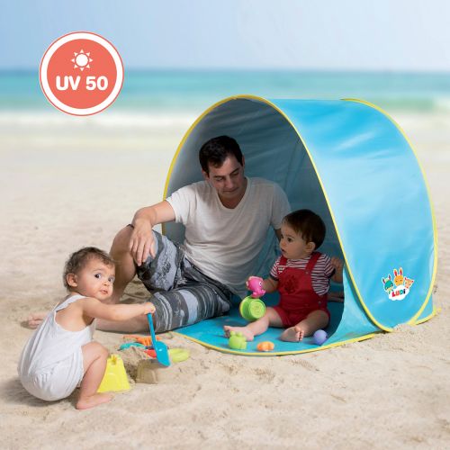 Tente de plage anti-UV de LUDI. Protège la famille du soleil, du vent et du sable (sac de transport inclus). Livré avec 4 piquets pour fixer l’aire de jeu dans le sable.