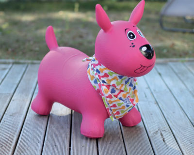 This bouncing dog will become the ideal friend of the toddlers. Baby grows and bounces with his small dog! Soft and thick plastic. Customisable Bandana.