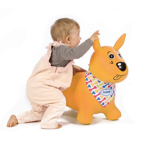 This bouncing dog will become the ideal friend of the tots. Baby grows and bounces with his small dog! Soft and thick plastic. Customisable Bandana.