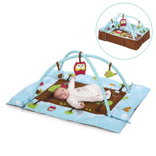 The owl-themed activity play mat with arch. Sides can be drawn up to form a cocoon. There are a variety of colours, fun shapes, and diverse textures to help wake your baby up. 