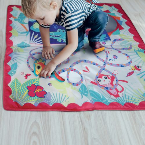 A folding and portable mat with educational activities and a built-in activity book.