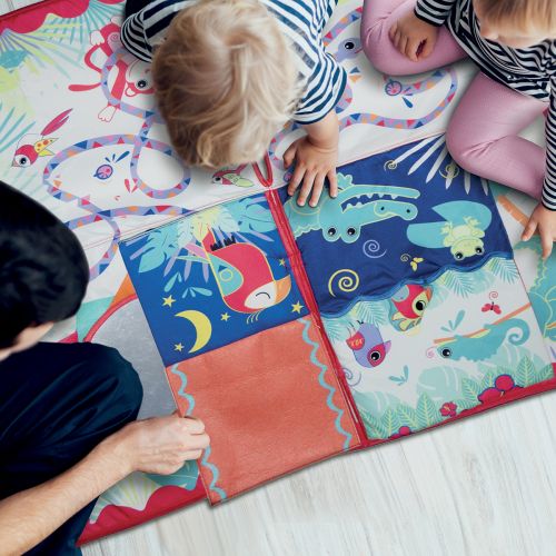 A folding and portable mat with educational activities and a built-in activity book.