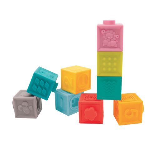 Cubes emboîtables de LUDI. 1er jeu de construction ! 9 cubes souples et colorés à empiler et à encastrer. Spécialement conçu pour les écrasements et mordillements. Sécurité et hygiène garanties. Pour les enfants dès 10 mois. Référence produit 30043.