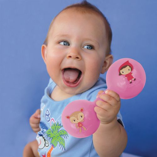 Soft plastic dumbbell. Rattle designed for very easy grasping. Develops your baby's dexterity. Hygienic.