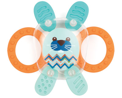Clear plastic rattle, designed to be ultra-easy to grasp. Develops baby’s dexterity. Hygienic.