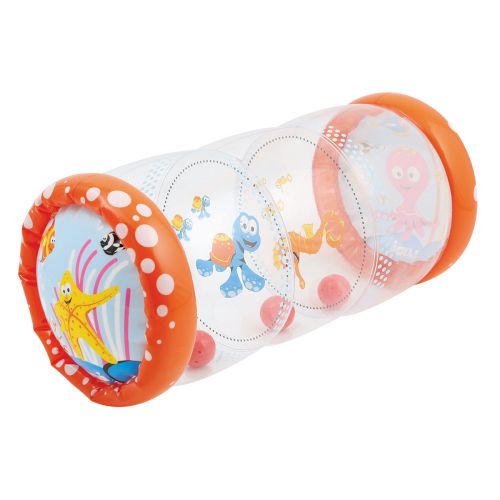 An inflatable, transparent roll in a funny design, with sound balls which stimulate the curiosity of baby. 