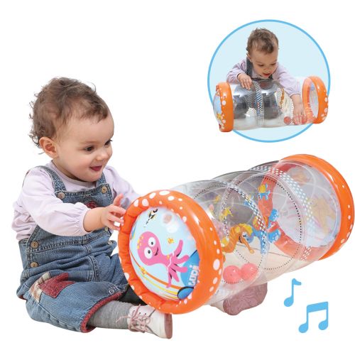 Baby roller « Mer» de LUDI. Cylindre gonflable transparent au décor amusant, avec balles sonores qui stimulent la curiosité de Bébé. Aide au développement de la dextérité et de la motricité de Bébé. Pour les enfants de plus de 6 mois. Référence produit 3452.