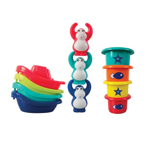 A small complete bath set! Composed of four boats, four nesting cups with holes and three funny little monkeys, to come up with even more adventures!