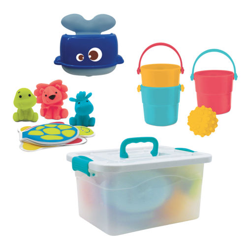 A selection of little toys for bath time fun and a suitcase to store everything! This practical case is easy to carry and can be taken to the sea or the pool. Solid, hygienic plastic. 