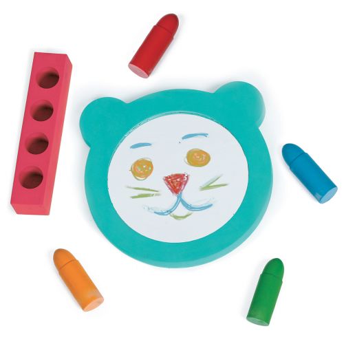 Great bath toy kit comprising one big, floating mirror (sticks to side of bath) and 4 sturdy, water-resistant yet erasable crayons.