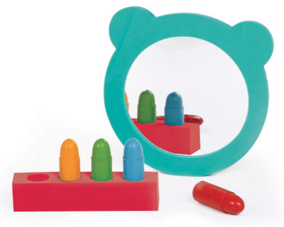 Great bath toy kit comprising one big, floating mirror (sticks to side of bath) and 4 sturdy, water-resistant yet erasable crayons.