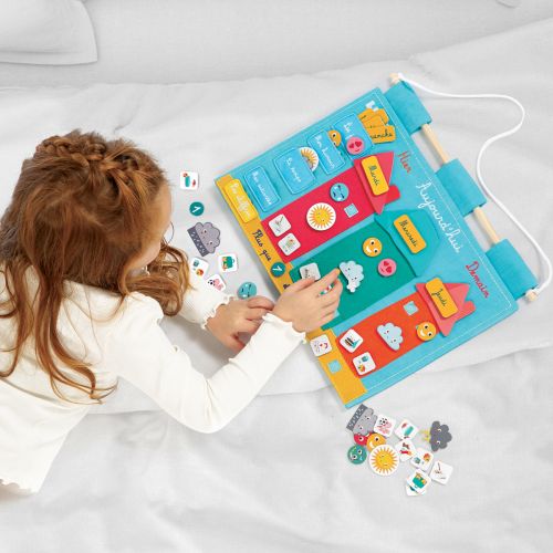 Embroidered fabric panel, with cardboard moveable parts. A fun way for children to become familiar with the concept of passing time and to comunicate about his emotions!