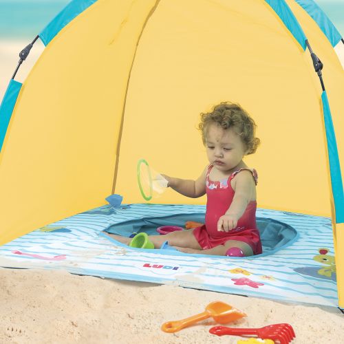 Child-sized beach pool and a UV protection tent to protect children from the sun, wind and sand. Quick and easy opening and closing mechanism via the pull-cord system.