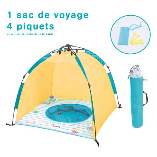 UV protection tent to protect children from the sun, wind and sand. Quick and easy opening and closing mechanism via the pull-cord system.