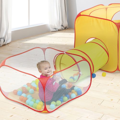 A large play course for fun with friends! Comprised of a cube, tunnel and ball play area. This lightweight, flexible and compact unit easily unfolds and folds into its included bag.