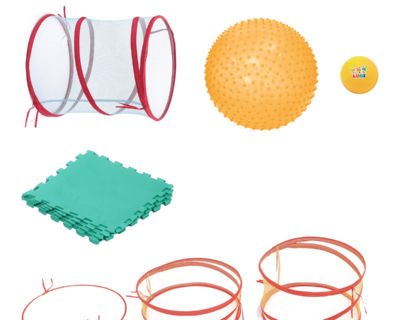 A complete kit to create the best motor skills courses! A large studded ball, tunnel, jumping games, one ball and six tiles that form a ground mat. 