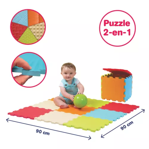 Tapis Dalles en Mousse Unies de LUDI. Une surface confortable pour jouer et un grand puzzle en 3D. Les 9 dalles forment le tapis qui isole Bébé du froid et amortit les chocs. Hygiénique, utilisation indoor-outdoor. Pour les enfants de plus de 10 mois. Référence produit 10004.