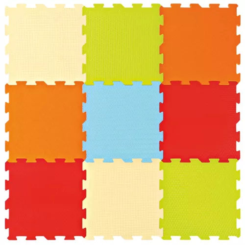 Tapis Dalles en Mousse Unies de LUDI. Une surface confortable pour jouer et un grand puzzle en 3D. Les 9 dalles forment le tapis qui isole Bébé du froid et amortit les chocs. Hygiénique, utilisation indoor-outdoor. Pour les enfants de plus de 10 mois. Référence produit 10004.