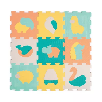 Dalles « animaux » pastel. Une surface confortable pour jouer et un grand puzzle en 3D ! 9 dalles forment le tapis qui isole bébé du froid et amortit les chocs. Jeu d’encastrement avec les animaux. Hygiénique, utilisation indoor-outdoor. Pour les enfants dès la naissance. Référence produit 10016.