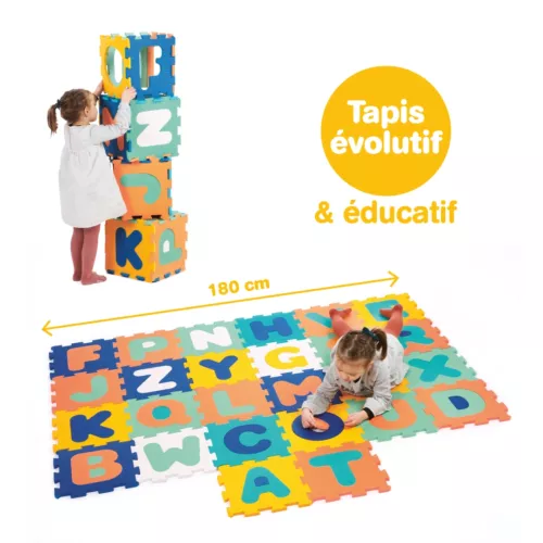 Tapis Mousse 26 lettres de LUDI. Les 26 dalles aux couleurs dynamiques forment un tapis qui isole l’enfant du froid et amortit les chocs. C’est aussi un puzzle géant avec les lettres à encastrer au bon endroit ! Référence : 10021.