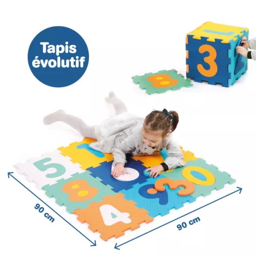 Tapis Mousse Chiffres de LUDI. Les 9 dalles aux couleurs dynamiques forment un tapis qui isole l’enfant du froid et amortit les chocs. C’est aussi un puzzle avec les chiffres à encastrer au bon endroit ! Référence : 10022.