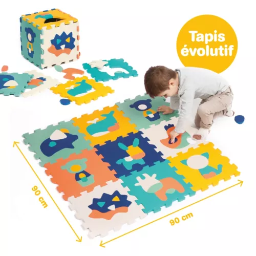 Tapis Mousse 9 animaux de LUDI. 9 dalles avec des animaux à recomposer et à encastrer. Le tapis isole l’enfant du froid et amortit les chocs. Ce puzzle offre une belle surface confortable pour jouer en sécurité ! Référence du produit LUDI 10023.