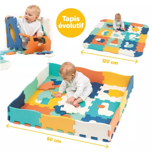 Tapis Mousse Animaux et Bords de LUDI. 9 dalles avec des animaux à recomposer et à encastrer et 16 éléments pour agrandir le tapis ou créer des bords. Le tapis isole l’enfant du froid et amortit les chocs. Ce puzzle offre une belle surface confortable pour jouer en sécurité ! Référence du produit LUDI 10025.