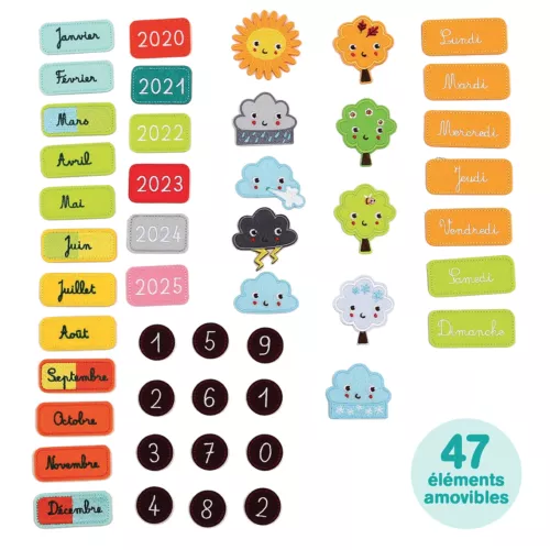 Calendrier pour enfant. Apprendre à lire la date et à s’organiser dans le temps. Notion du temps qui passe : années, mois, jours, saisons, météo. Calendrier en tissu, 100% coton. Étiquettes en feutrine. Référence produit : 2095.