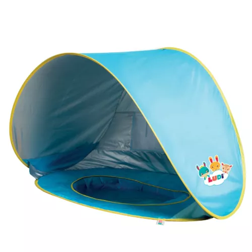 Tente et Piscine pop-up Plage. Piscine à l'échelle de l'enfant recouverte d'une tente anti-UV pour le protéger du soleil, du vent et du sable (sac de transport + 4 fixations au sol inclus). Référence produit 2206.