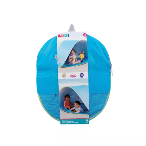 Tente et Piscine pop-up Plage. Piscine à l'échelle de l'enfant recouverte d'une tente anti-UV pour le protéger du soleil, du vent et du sable (sac de transport + 4 fixations au sol inclus). Référence produit 2206.