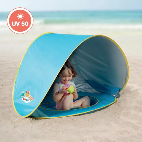 Tente et Piscine pop-up Plage. Piscine à l'échelle de l'enfant recouverte d'une tente anti-UV pour le protéger du soleil, du vent et du sable (sac de transport + 4 fixations au sol inclus). Référence produit 2206.