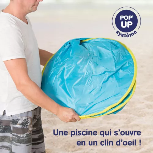 Tente et Piscine pop-up Plage. Piscine à l'échelle de l'enfant recouverte d'une tente anti-UV pour le protéger du soleil, du vent et du sable (sac de transport + 4 fixations au sol inclus). Référence produit 2206.