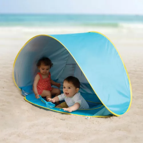 Tente et Piscine pop-up Plage. Piscine à l'échelle de l'enfant recouverte d'une tente anti-UV pour le protéger du soleil, du vent et du sable (sac de transport + 4 fixations au sol inclus). Référence produit 2206.