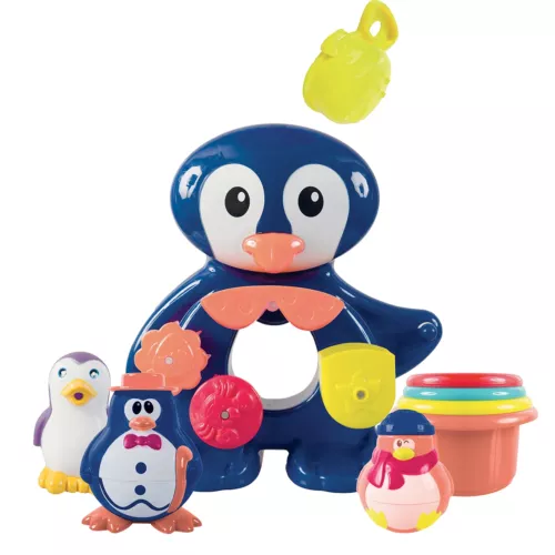 Coffret de bain Pingouin LUDI. Les pingouins amusent les petits à l’heure du bain ! Composé d’un pingouin avec moulin à eau, de verres gigognes et figurines. Fixation : ventouses. Référence produit 2240.