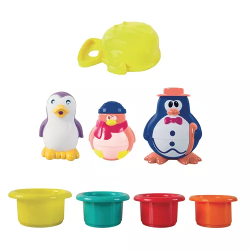 Coffret de bain Pingouin LUDI. Les pingouins amusent les petits à l’heure du bain ! Composé d’un pingouin avec moulin à eau, de verres gigognes et figurines. Fixation : ventouses. Référence produit 2240.