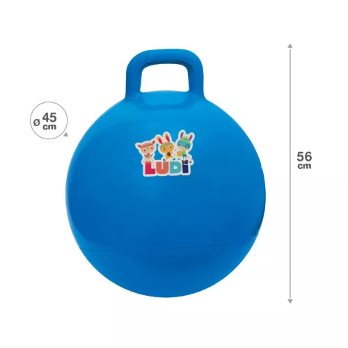 Ballon sauteur « bleu » LUDI. Ce gros ballon coloré est idéal pour faire la course ou s’amuser avec les copains ! Résistant, il s'utilise à l'intérieur comme à l'extérieur. Pour les enfants de plus de 3 ans. Référence produit 2781.