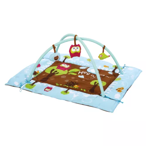 Tapis D'Éveil « Chouette » LUDI. Un tapis de jeu épais et moelleux où Bébé peut gigoter et s’amuser confortablement en toute sérénité. Sur les arches amovibles, des activités sensorielles pour l’éveil des petits. Pour les bébés dès la naissance. Référence produit 2873.