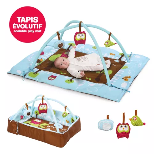 Tapis D'Éveil « Chouette » LUDI. Un tapis de jeu épais et moelleux où Bébé peut gigoter et s’amuser confortablement en toute sérénité. Sur les arches amovibles, des activités sensorielles pour l’éveil des petits. Pour les bébés dès la naissance. Référence produit 2873.