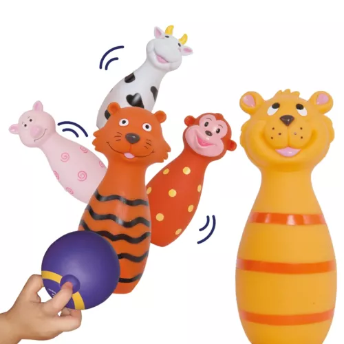 Jeu de quilles « animaux » de LUDI. Coffret de 5 quilles et 1 balle. Les enfants s'amusent à renverser les quilles et développent ainsi leur habileté. Jeu silencieux qui aide à la motricité. Plastique souple. Quilles stables. Pour les enfants de plus de 10 mois. Référence produit 3455.