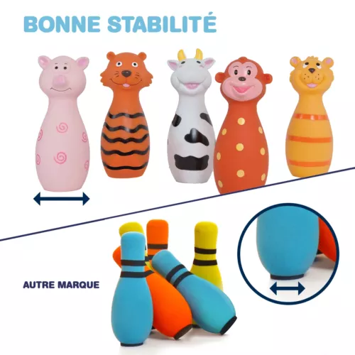 Jeu de quilles « animaux » de LUDI. Coffret de 5 quilles et 1 balle. Les enfants s'amusent à renverser les quilles et développent ainsi leur habileté. Jeu silencieux qui aide à la motricité. Plastique souple. Quilles stables. Pour les enfants de plus de 10 mois. Référence produit 3455.