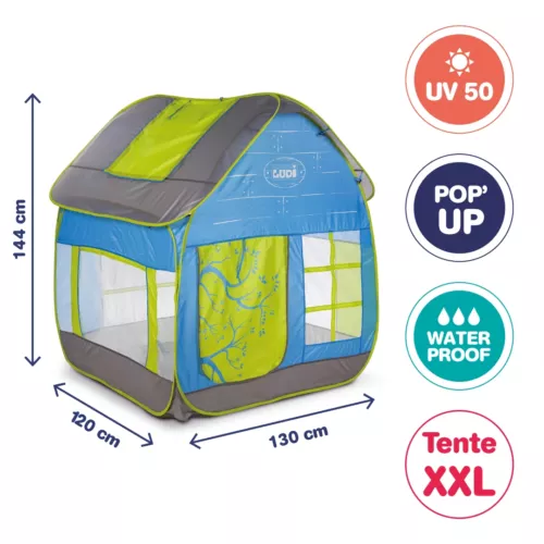 Maison cottage, tente de jardin de LUDI. Une grande tente idéale pour les jeux en extérieur. Pop-up, la tente se plie et se déplie facilement et se range dans son sac. Tissu anti-UV, sol résistant. Pour les enfants de plus de 2 ans. Référence produit 5210.