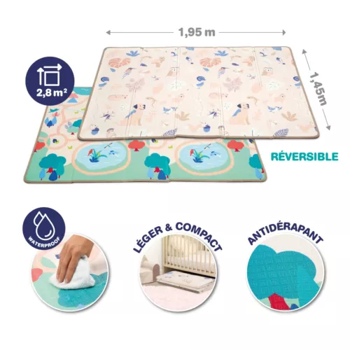 Lightweight, compact play mat can be easily folded and stored in its protective cover. 2 reversible sides