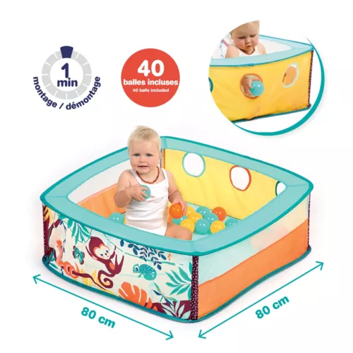 Piscine à balles jungle LUDI résistante, légère et peu encombrante. 3 trous pour développer la dextérité de bébé. 40 balles et sac de transport inclus. Dès 6 mois.