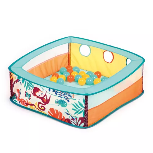 Piscine à balles jungle LUDI résistante, légère et peu encombrante. 3 trous pour développer la dextérité de bébé. 40 balles et sac de transport inclus. Dès 6 mois.