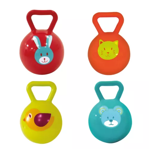 Hochet-balle assortiment de LUDI. Hochets en plastique doux, au petit grelot harmonieux, pensés pour une prise en main très facile. Développe la dextérité de Bébé. Hygiénique. Pour les enfants dès 3 mois. Référence produit 30012.