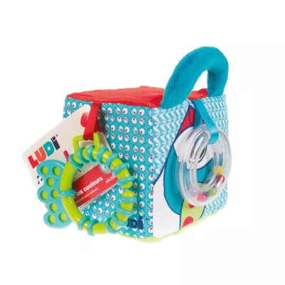 LUDI fabric activity cube. Soft fabric activity cube to develop baby's sense of touch and coordination of movement while having fun! (Handle, teething ring, ribbons, mirror, different textures). For children from 3 months. Product reference 30038.